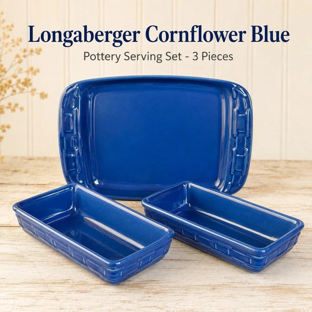 Longaberger Woven Traditions Cornflower Blue Pottery Serving Trays Set of 3